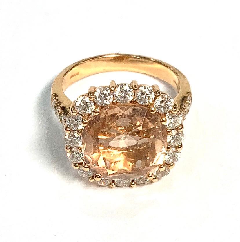 Cushion Cut Rose Gold Morganite and Diamond Cluster Ring For Sale
