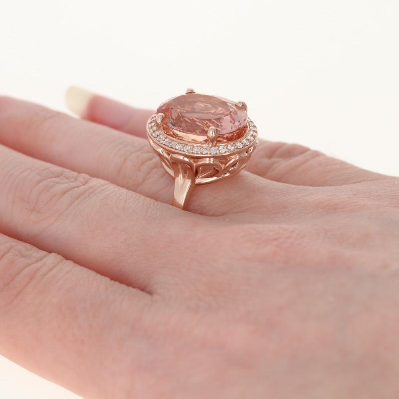 Rose Gold Morganite and Diamond Ring, 14 Karat Oval Cut 9.27 Carat Halo Women's In New Condition In Greensboro, NC