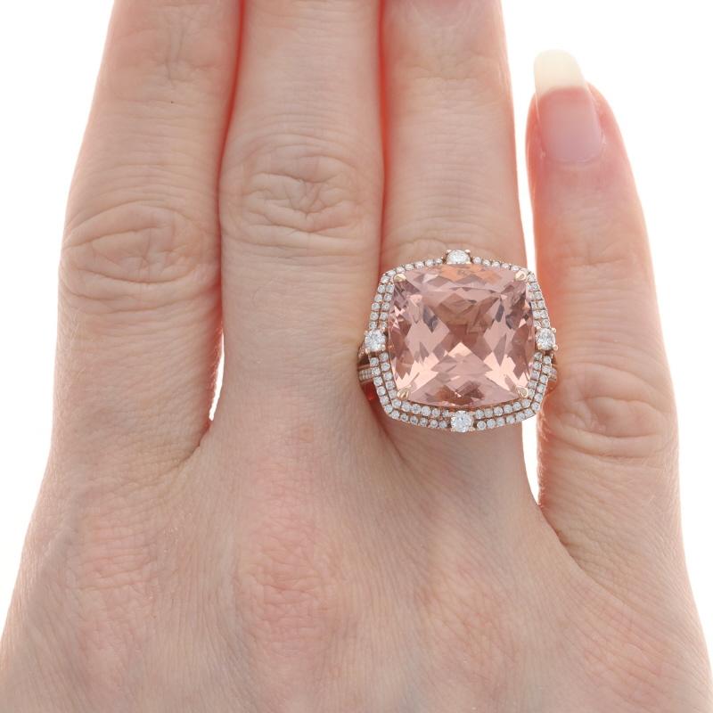 Taglio a rosa Anello a doppio anello con diamante Morganite in oro rosa - Cuscino quadrato 14k 16,57ctw in vendita