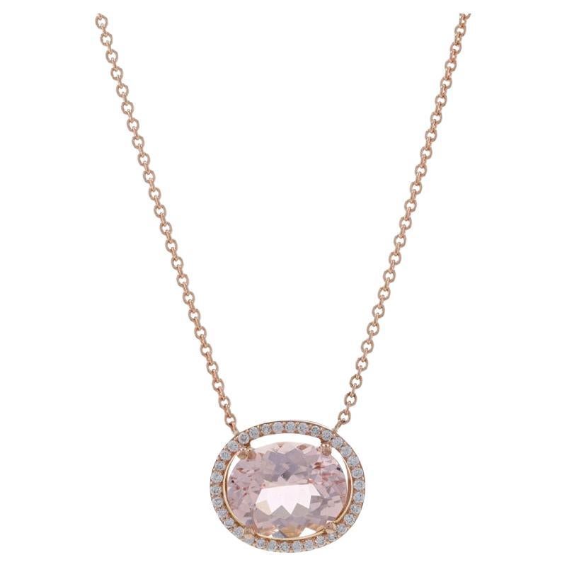 Rose Gold Morganite & Diamond East-West Halo Necklace 16 1/4" - 14k Oval 3.54ctw For Sale