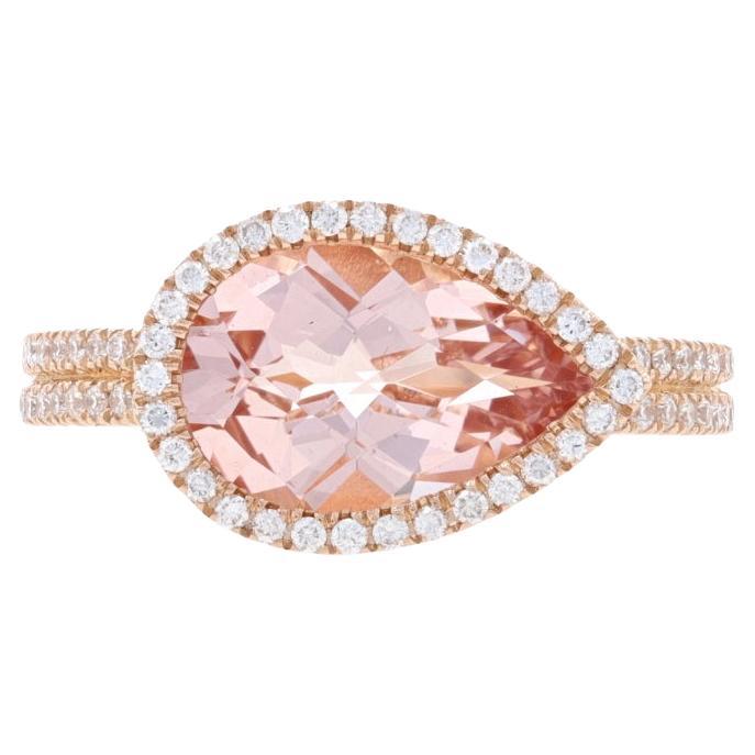 Rose Gold Morganite & Diamond East-West Halo Ring - 14k Pear 2.75ctw Size 7 For Sale