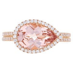 Bague halo est-ouest en or rose avec Morganite et diamants - 14k poire 2,75 ctw Taille 7