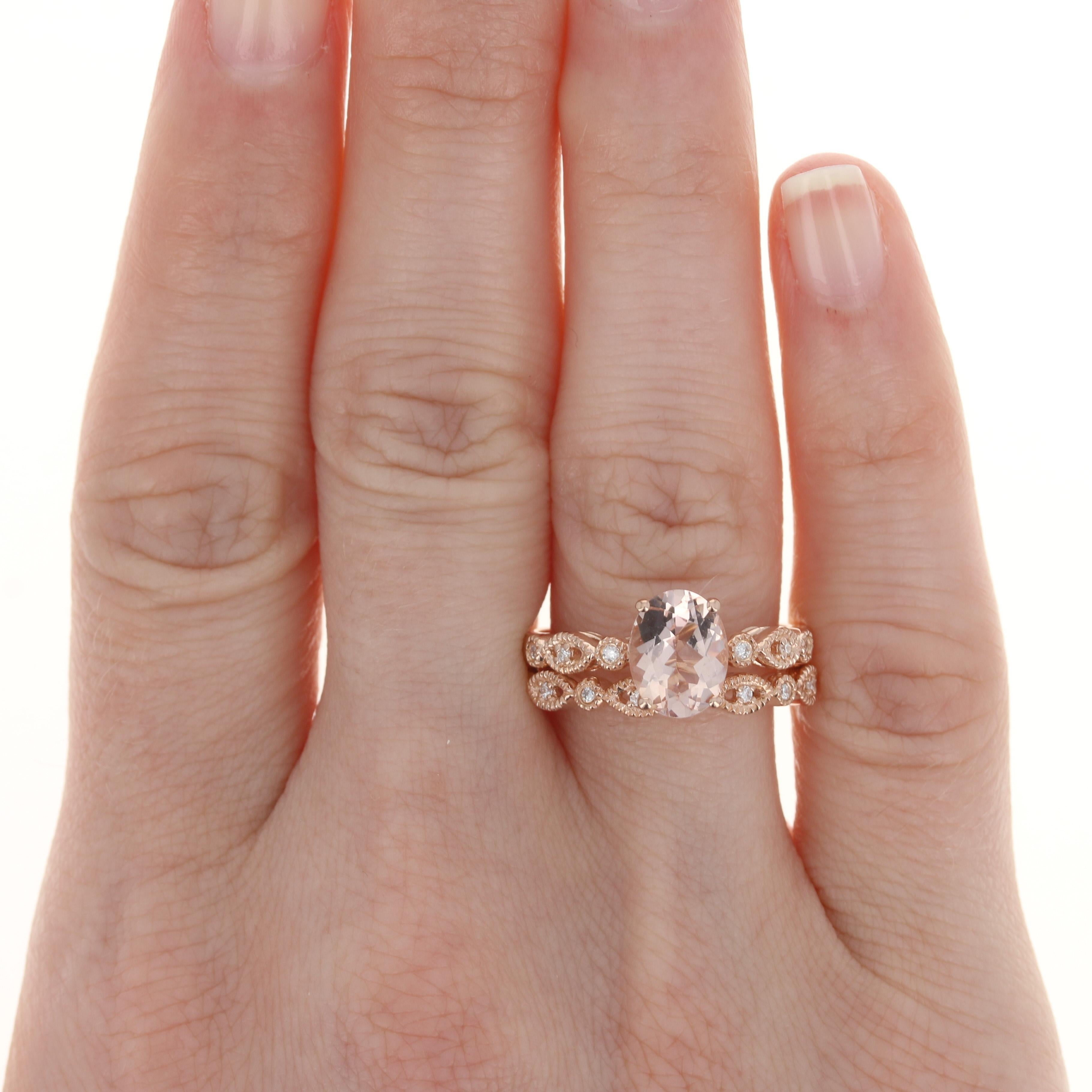 For Sale:  Rose Gold Morganite & Diamond Engagement Ring & Wedding Band, 14k Oval 1.85ctw 3