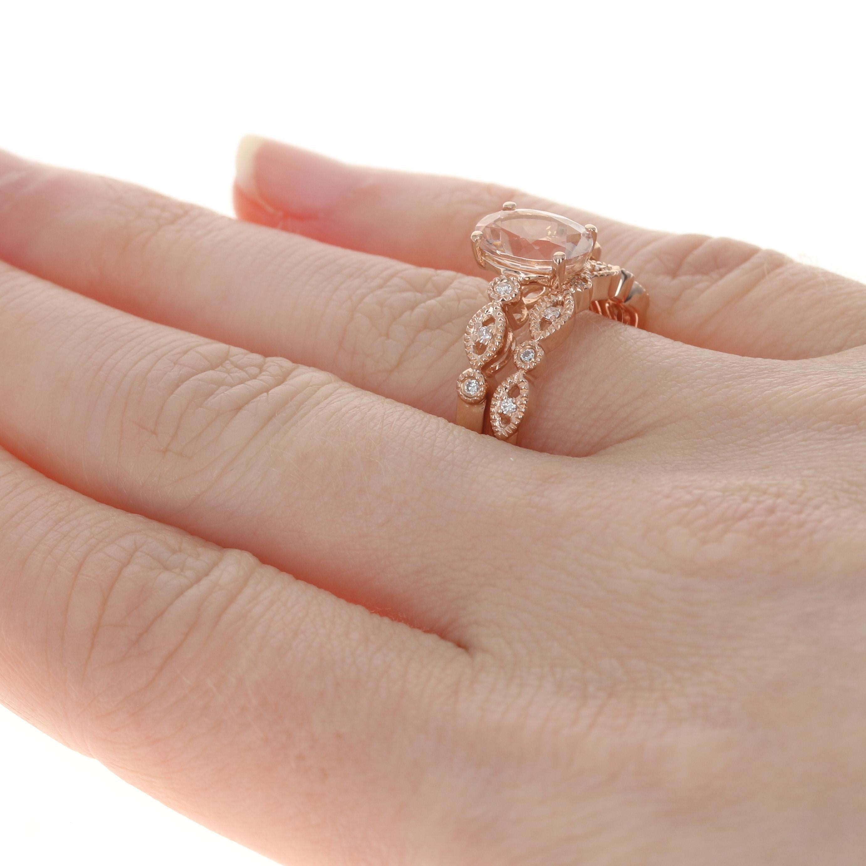 For Sale:  Rose Gold Morganite & Diamond Engagement Ring & Wedding Band, 14k Oval 1.85ctw 5