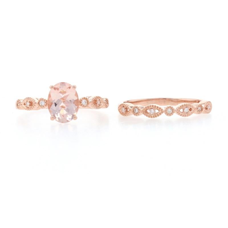 For Sale:  Rose Gold Morganite & Diamond Engagement Ring & Wedding Band, 14k Oval 1.85ctw 6