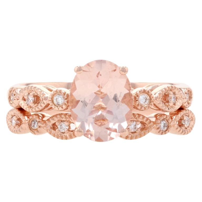 For Sale:  Rose Gold Morganite & Diamond Engagement Ring & Wedding Band, 14k Oval 1.85ctw