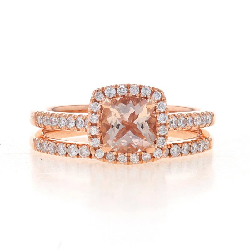 Size: 7
Sizing Fee: Up 1 1/2 sizes for $40 or Down 1 1/2 sizes for $40

Metal Content: 10k Rose Gold

Stone Information
Natural Morganite
Carat(s): .78ct
Cut: Cushion
Color: Light Pink

Natural Diamonds
Carat(s): .50ctw
Cut: Round Brilliant
Color: G