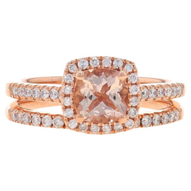 Rose Gold Morganite Diamond Halo Engagement Ring Wedding Band 10k Cushion1.28ctw For Sale
