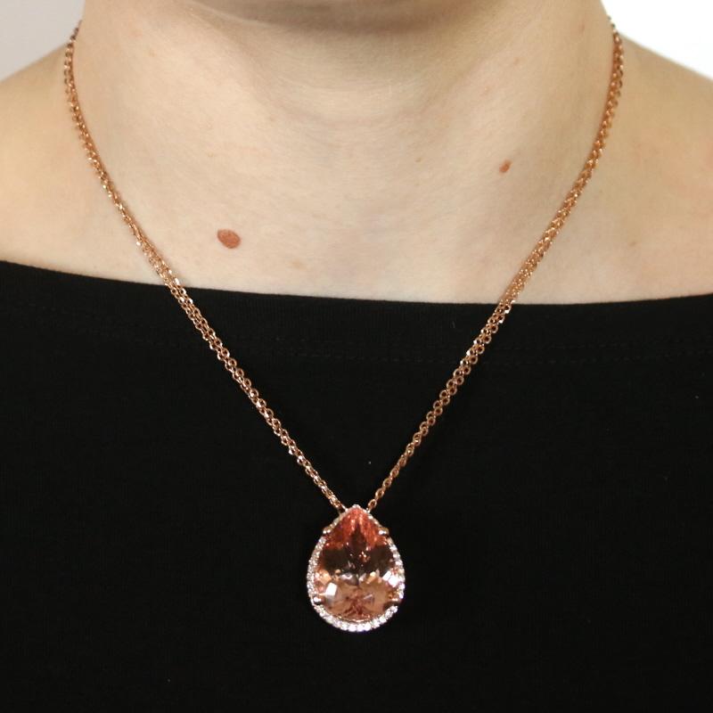 Rose Cut Rose Gold Morganite & Diamond Halo Necklace, 14k Pear Cut 21.01ctw For Sale