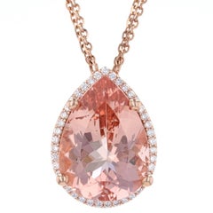 Vintage Rose Gold Morganite & Diamond Halo Necklace, 14k Pear Cut 21.01ctw