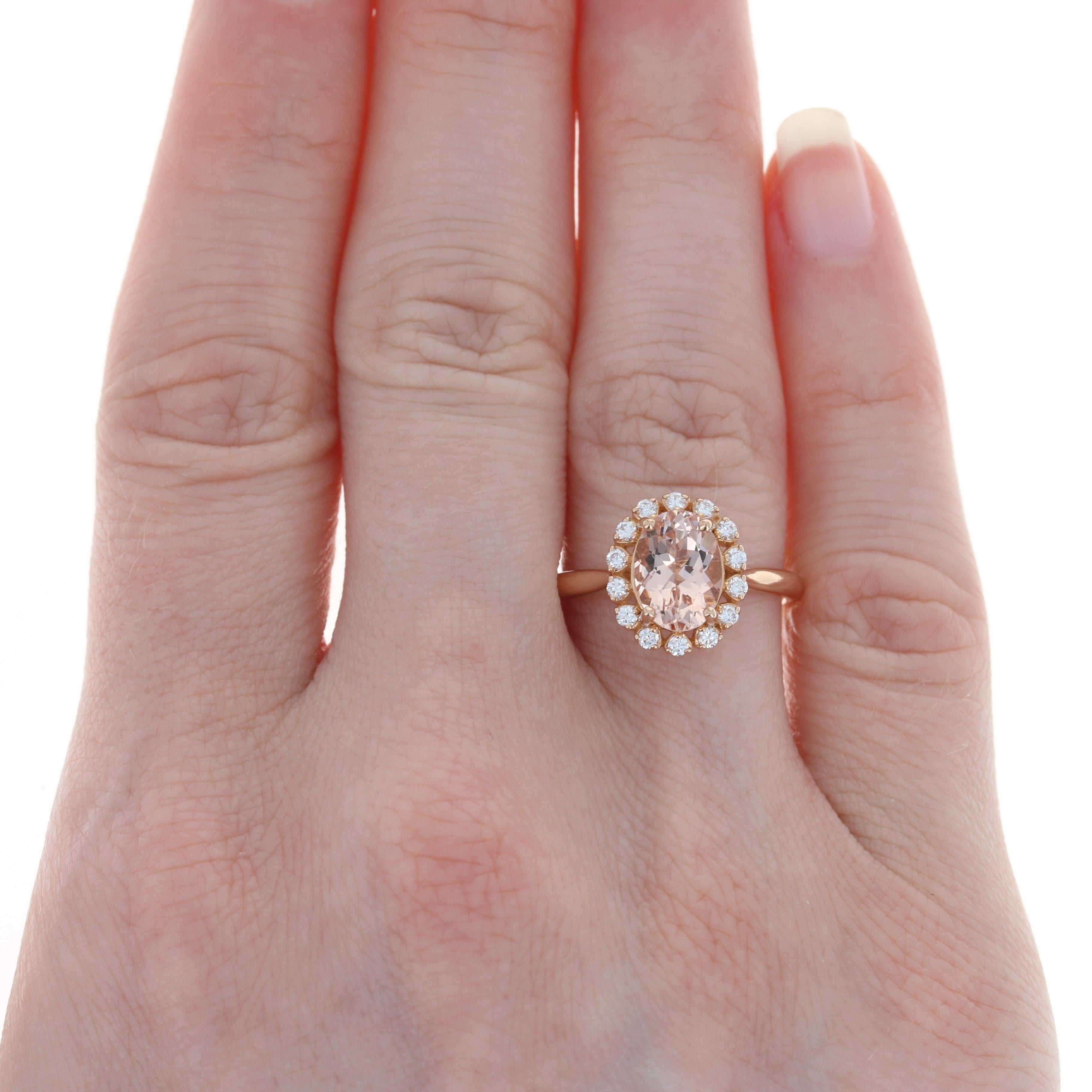 Size: 6 3/4
 Sizing Fee: Up 2 sizes for $30 or Down 2 sizes for $25 
 
 Brand: Clyde Duneier
 
 Metal Content: 14k Rose Gold 
 
 Stone Information: 
 Genuine Morganite
 Carat: 1.90ct
 Cut: Oval
 Color: Pink
 Size: 9mm x 6.5mm
 
 Natural Diamonds 
