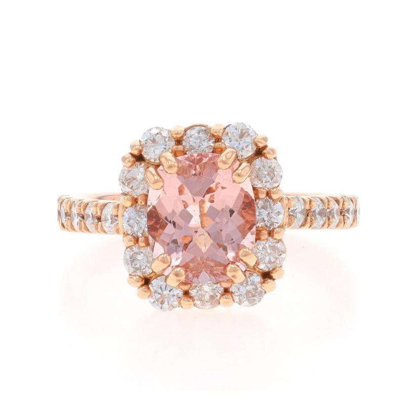 Size: 7
Sizing Fee: Up 2 sizes for $60 or Down 1/2 a size for $40

Metal Content: 14k Rose Gold

Stone Information

Natural Morganite
Carat(s): 2.70ct
Cut: Rectangular Cushion
Color: Light Pink

Natural Diamonds
Carat(s): 1.00ctw
Cut: Round