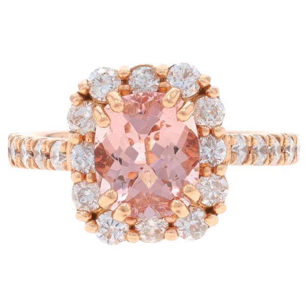 Rose Gold Morganite Diamond Halo Ring 14k Rectangular Cushion 3.70ctw Engagement For Sale