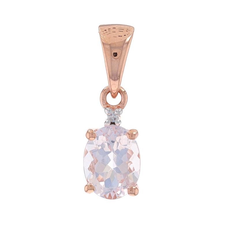 Metal Content: 10k Rose Gold & 10k White Gold

Stone Information
Natural Morganite
Carat(s): 1.10ct
Cut: Oval
Color: Light Pink

Natural Diamond
Cut: Single
Stone Note: (one small accent)

Total Carats: 1.10ct

Measurements
Tall (from stationary