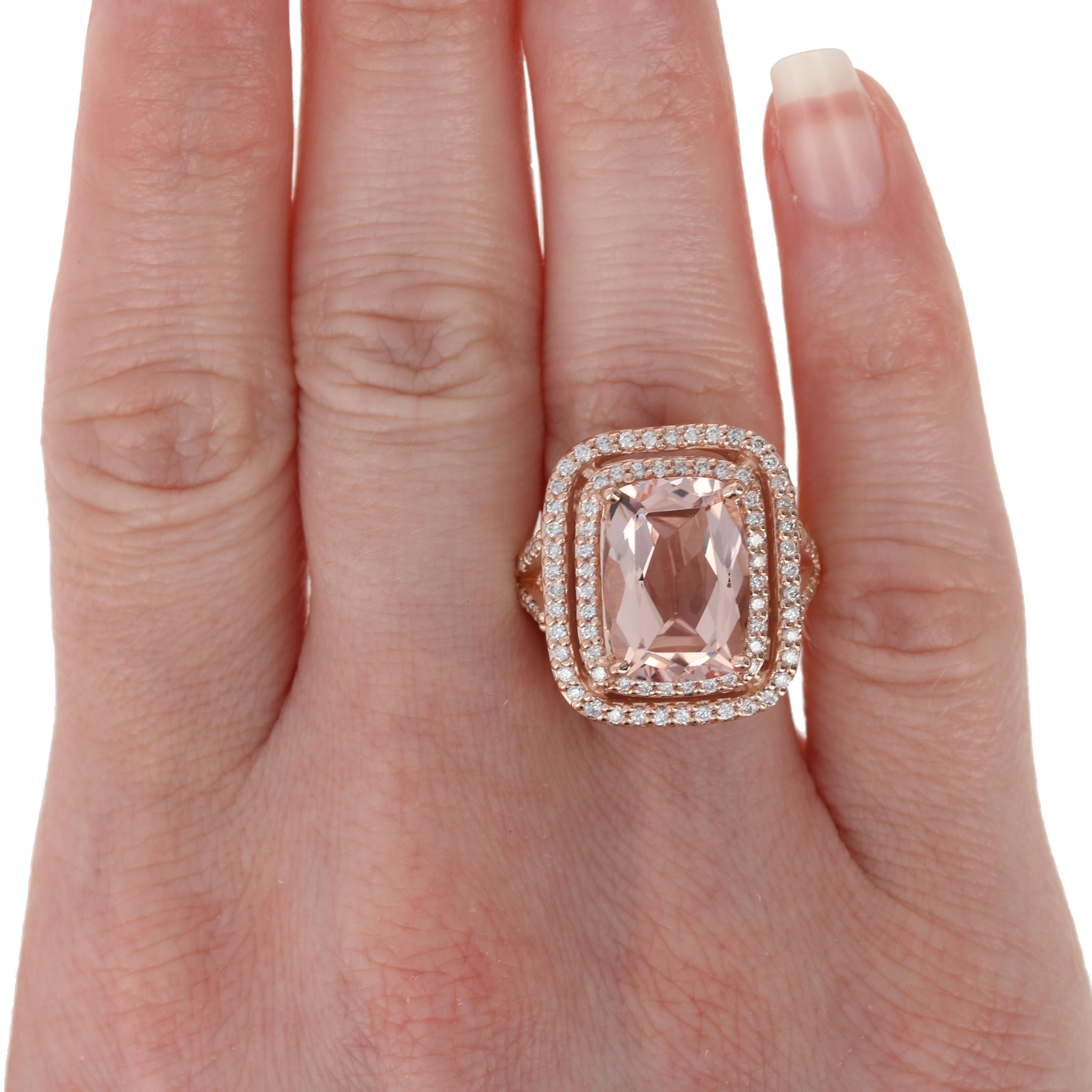 Rose Gold Morganite and Diamond Ring, 14 Karat Double Halo 6.98 Carat In Excellent Condition In Greensboro, NC