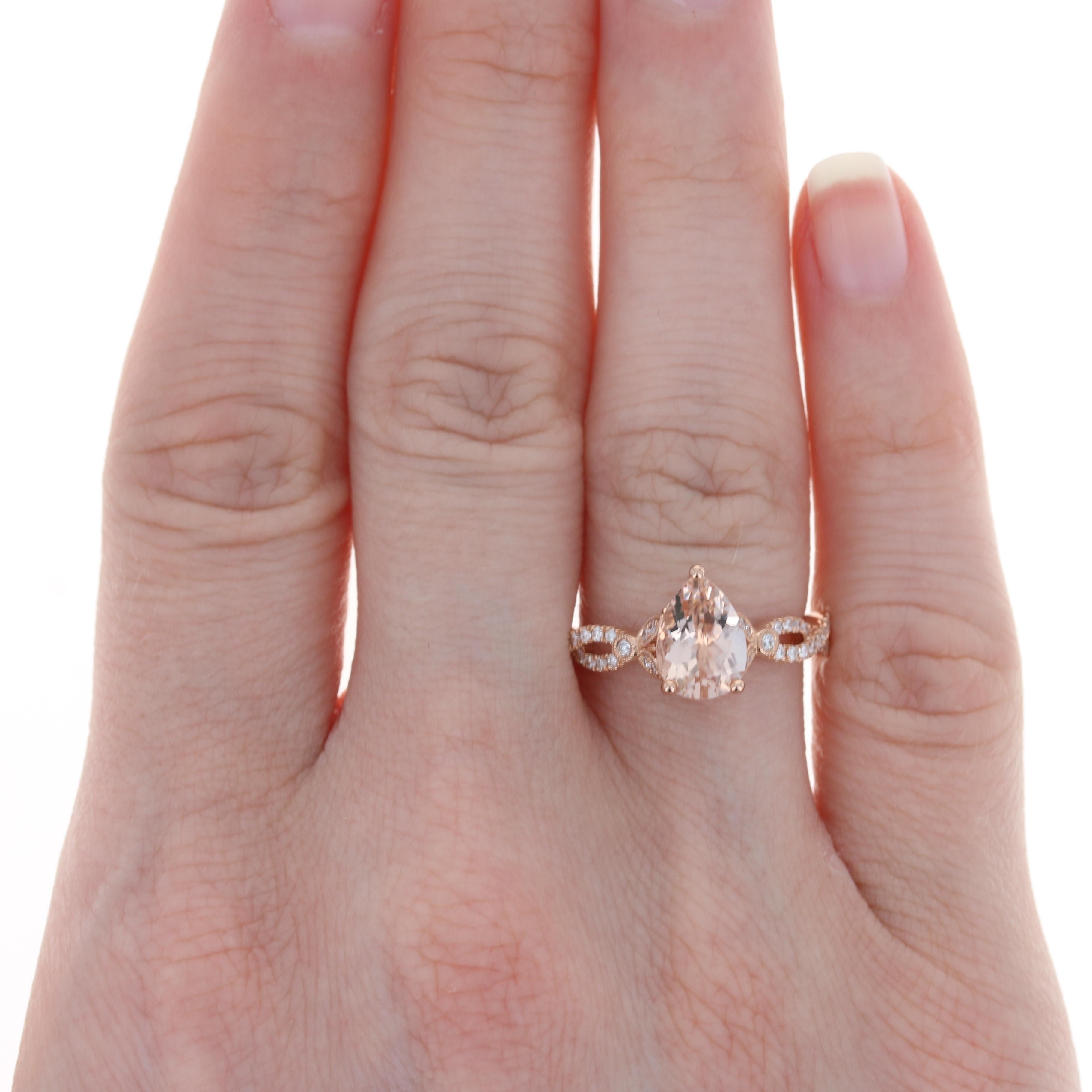 Size: 6 3/4
 Sizing Fee: Up 2 sizes or Down 1 size for $30 
 
 Brand: Clyde Duneier
 
 Metal Content: 14k Rose Gold 
 
 Stone Information: 
 Genuine Morganite
 Carat: 1.90ct
 Cut: Pear
 Color: Pink
 
 Natural Diamonds 
 Carats: .38ctw
 Cut: Round