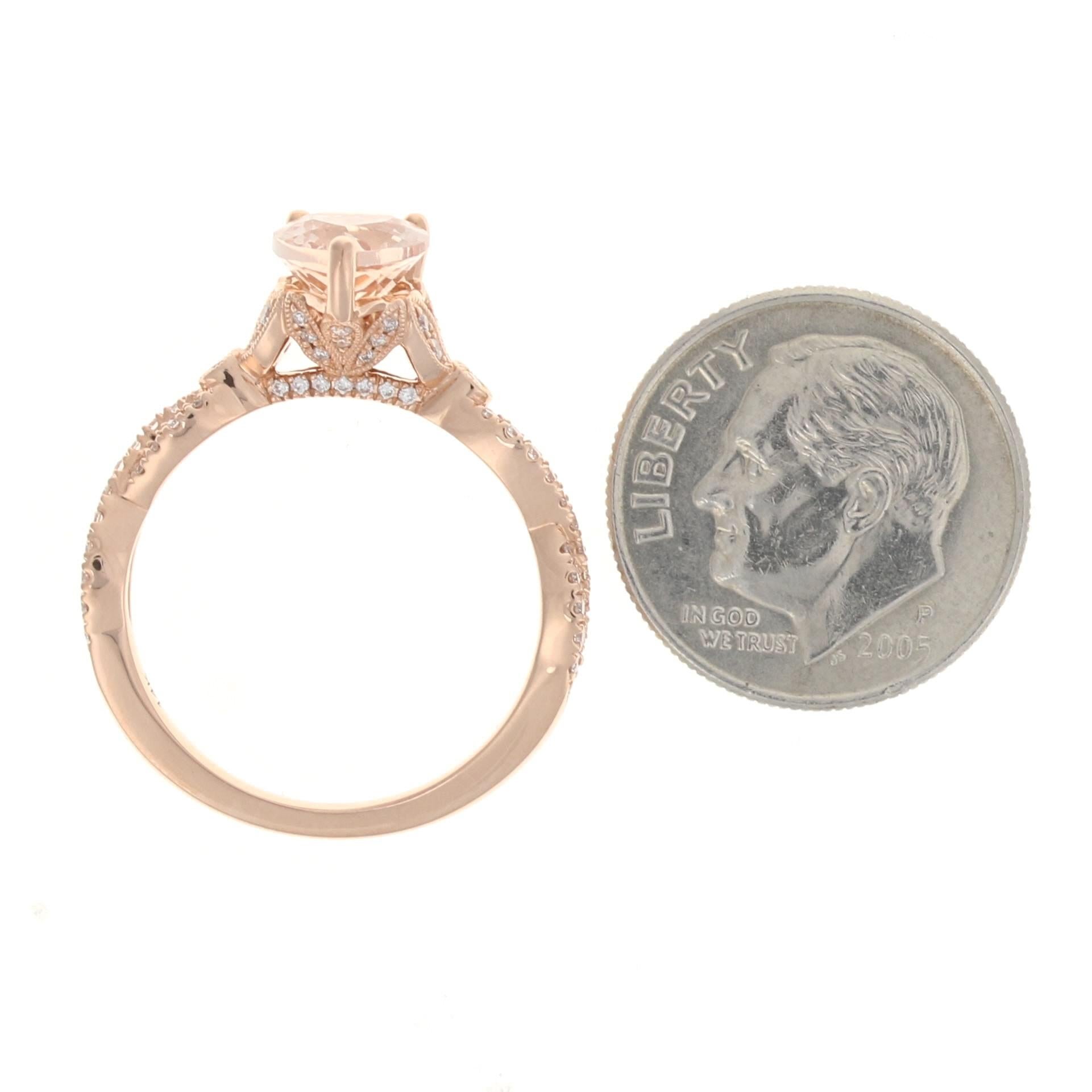 Women's or Men's Rose Gold Morganite & Diamond Ring, 14k Pear Cut 2.28ctw Milgrain Engagement For Sale