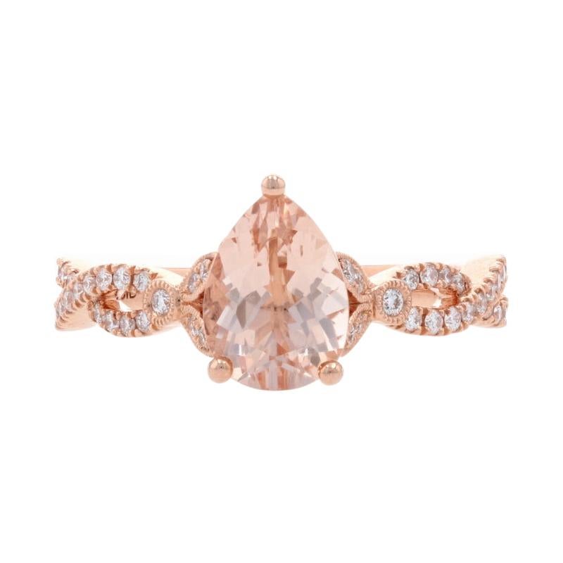 Rose Gold Morganite & Diamond Ring, 14k Pear Cut 2.28ctw Milgrain Engagement For Sale
