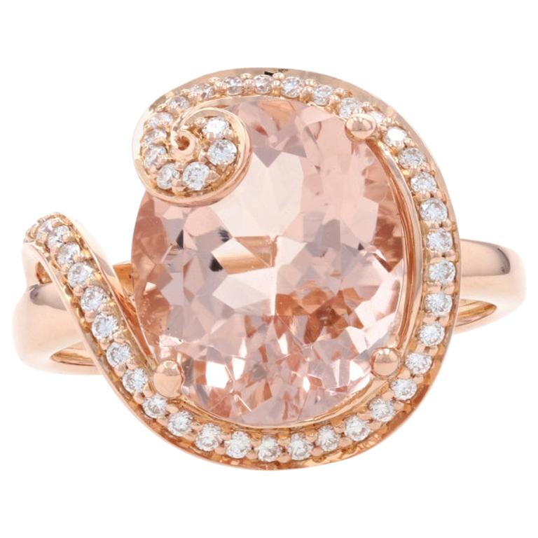 For Sale:  Rose Gold Morganite & Diamond Ring, 18k Oval Cut 4.93ctw Halo-Inspired Swirl