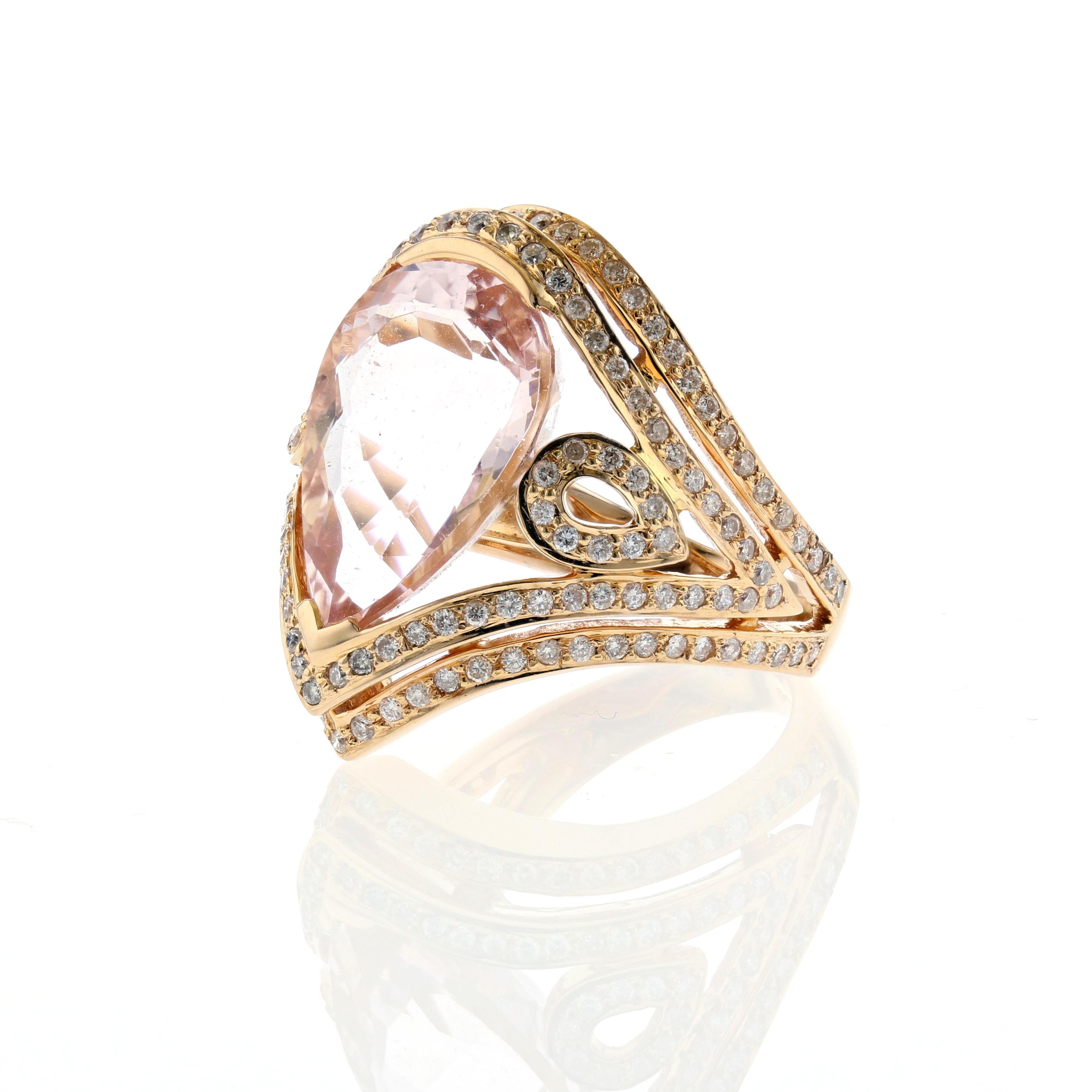 18K rose gold ring featuring one pear-shaped morganite that totals 8.30 carats.  Additionally, there are 149 round diamonds that total 0.90 carats; G-H color and VS clarity.  The ring is currently a size 7.  It measures 1 inch wide and 7/8 inches