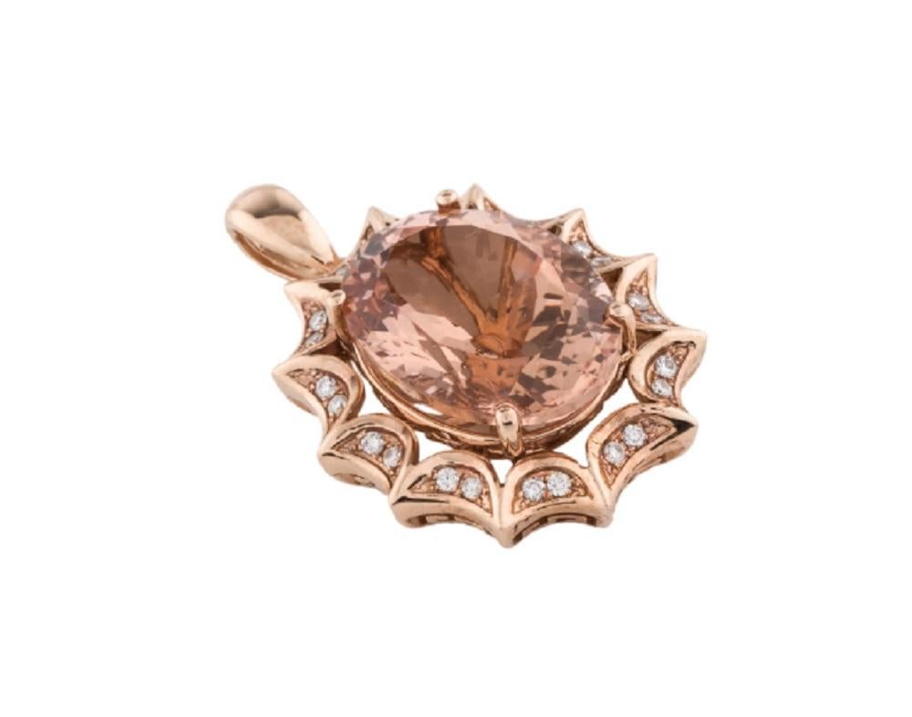 14K rose gold pendant featuring 0.36 carats of round brilliant cut white diamonds and 18.65 oval Morganite and also it is a part of Amy's Regal Collection.

*****
Details:

Metal Type: 14K Rose Gold
Marks: 14K
Metal Finish: High Polish
Gemstone: