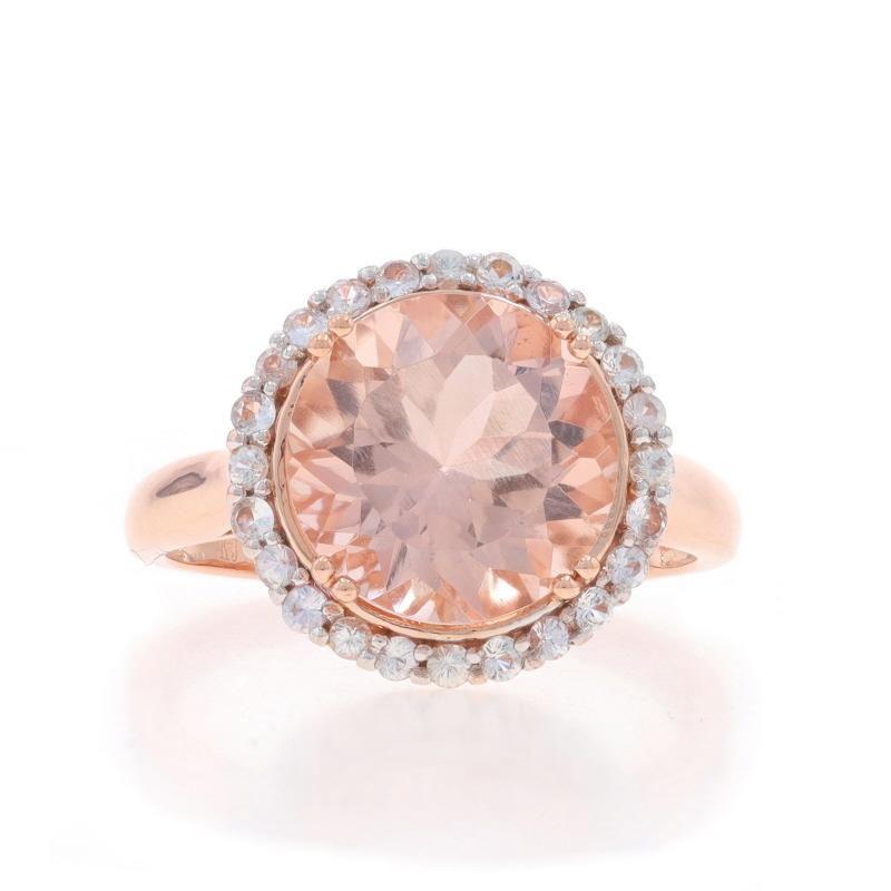 Size: 8 1/4
Sizing Fee: Up 3 sizes for $40 or Down 2 sizes for $30

Metal Content: 10k Rose Gold & 10k White Gold

Stone Information

Natural Morganite
Carat(s): 4.09ct
Cut: Round
Color: Light Pink

Natural White Sapphires
Treatment: