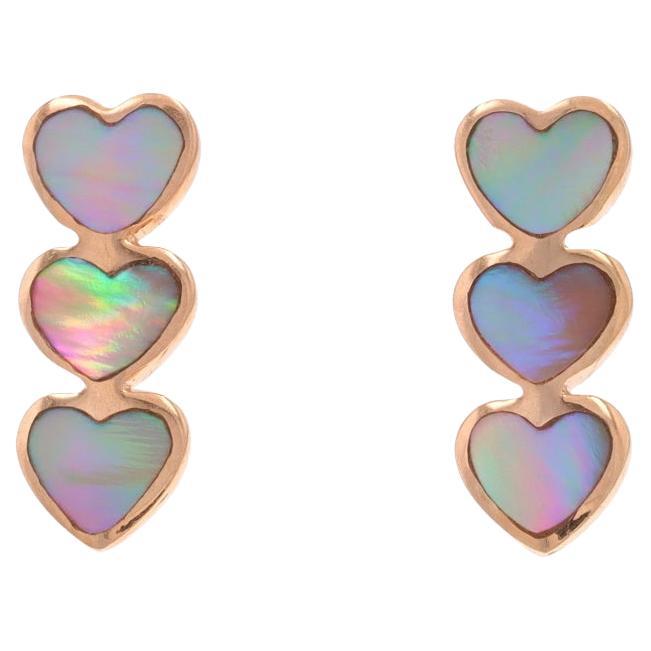 Orecchini a goccia con cuore in oro rosa Madreperla Trio di tre pietre da viaggio -14k Love