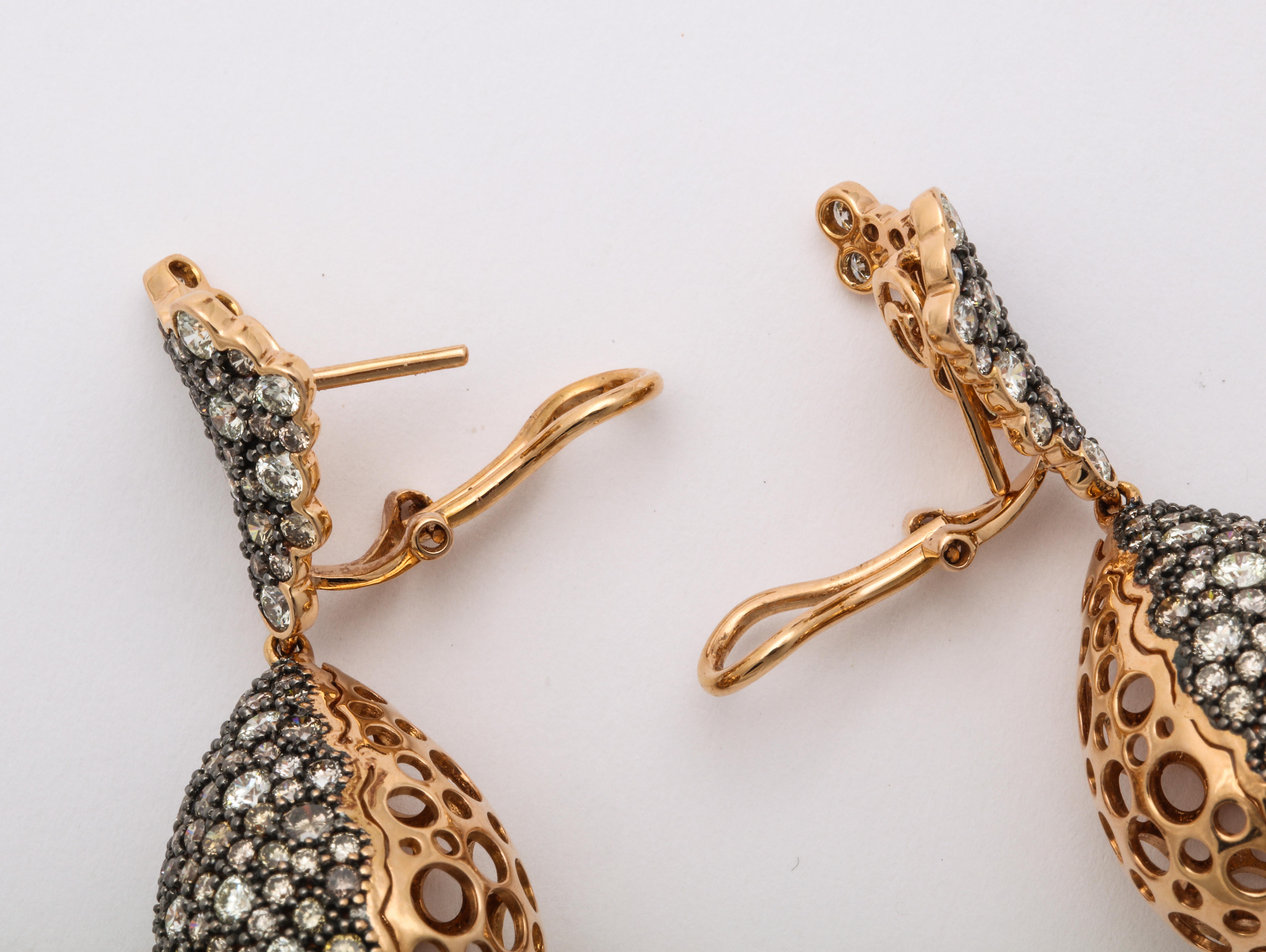 Contemporary Rose Gold, Multi-Color Diamond Ear Pendant Earrings For Sale