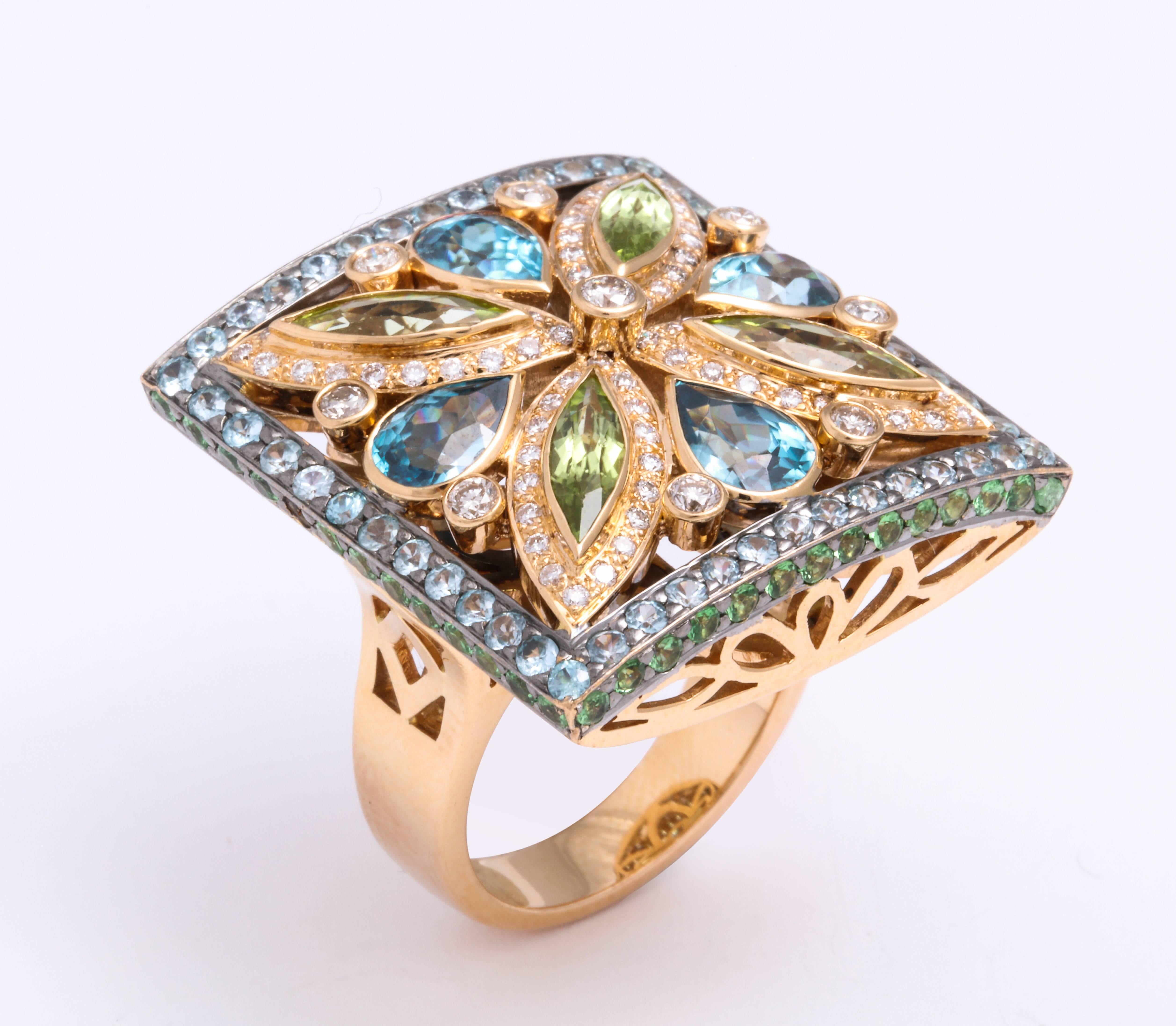 Rose Gold, Multi-Color Gem and Diamond Cocktail Ring For Sale 1