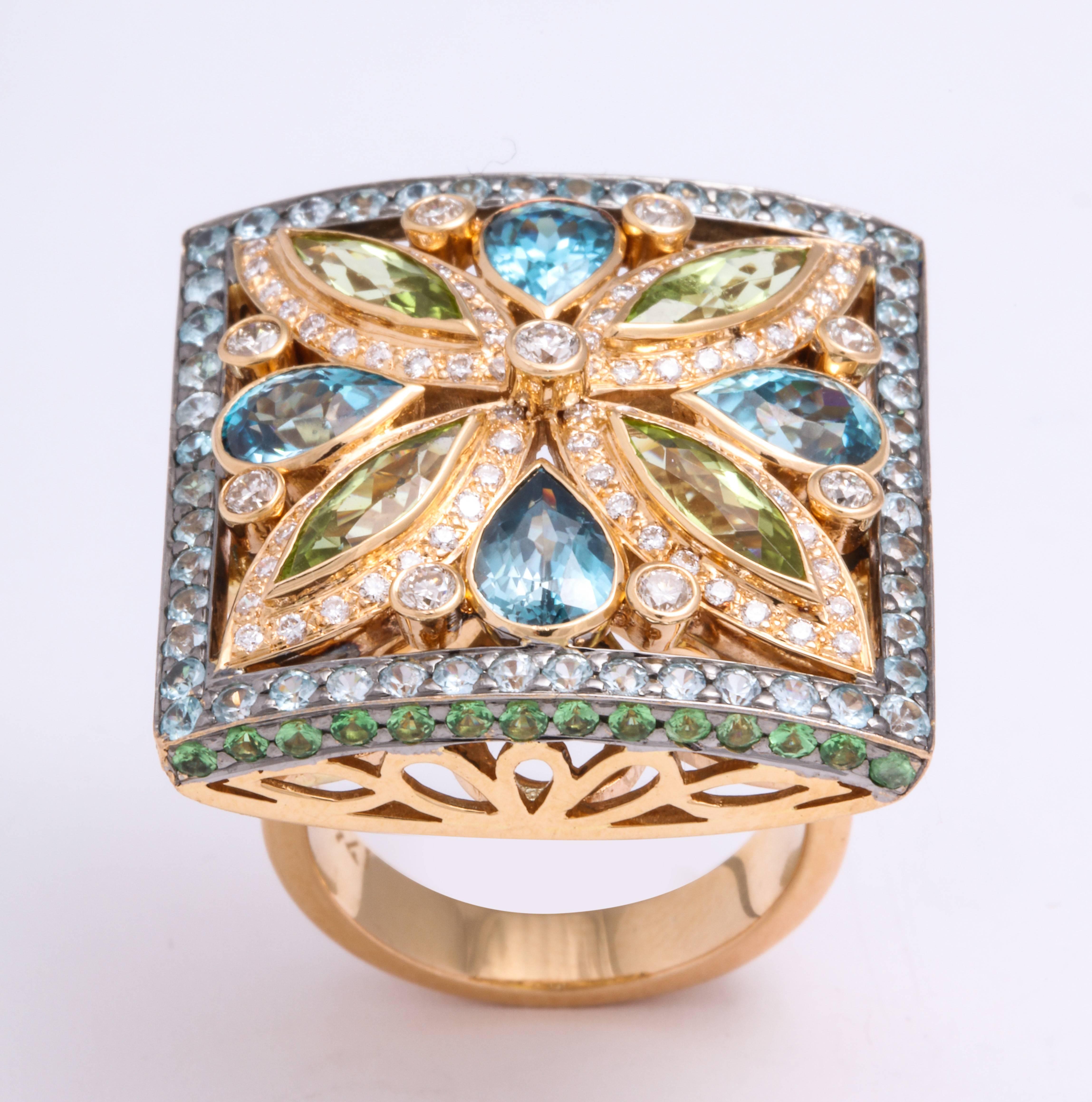 Rose Gold, Multi-Color Gem and Diamond Cocktail Ring For Sale 2