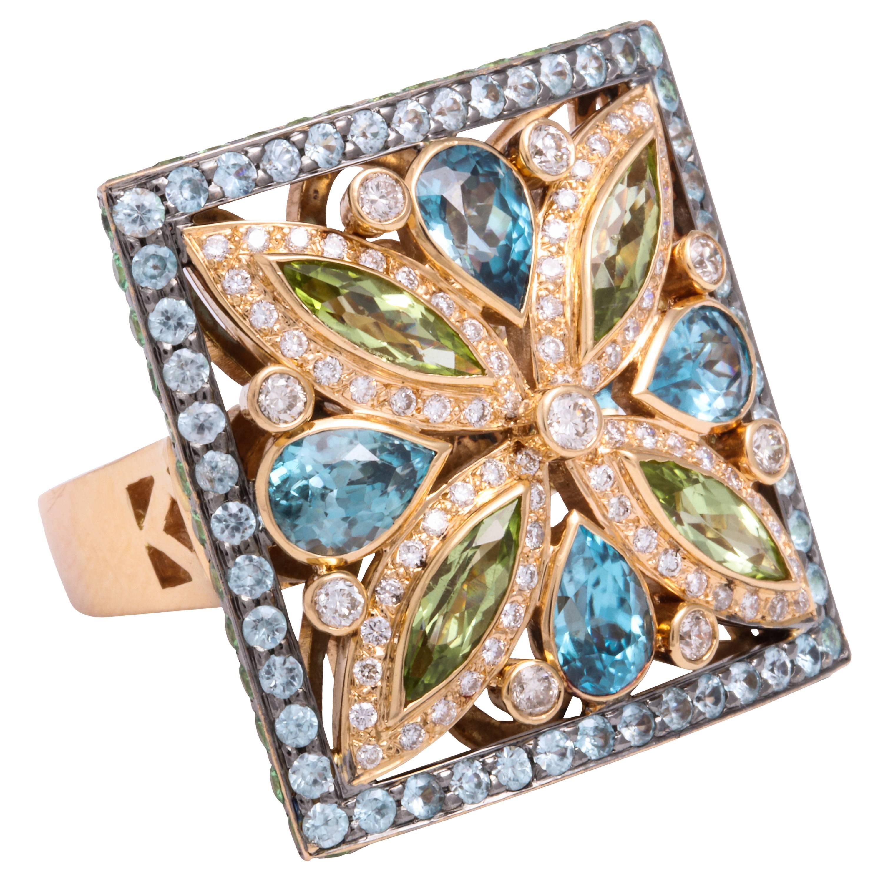 Rose Gold, Multi-Color Gem and Diamond Cocktail Ring For Sale