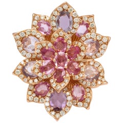 Rose Gold, Multi-Color Sapphire and Diamond Cocktail Flower Ring