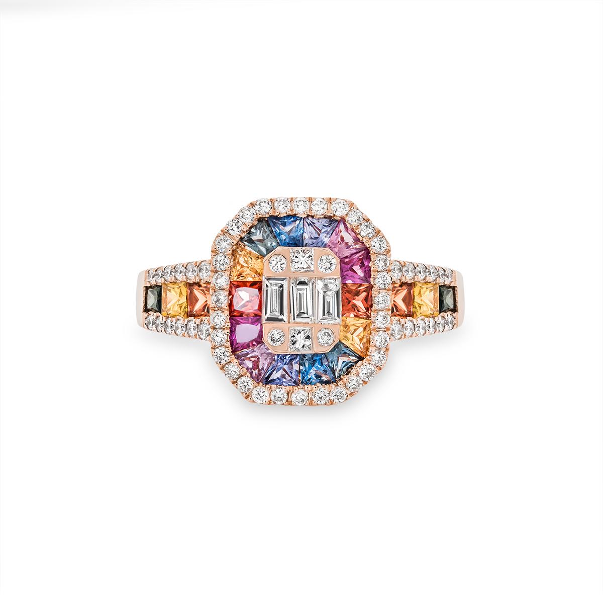 Round Cut Rose Gold Multi-Coloured Sapphire & Diamond Ring