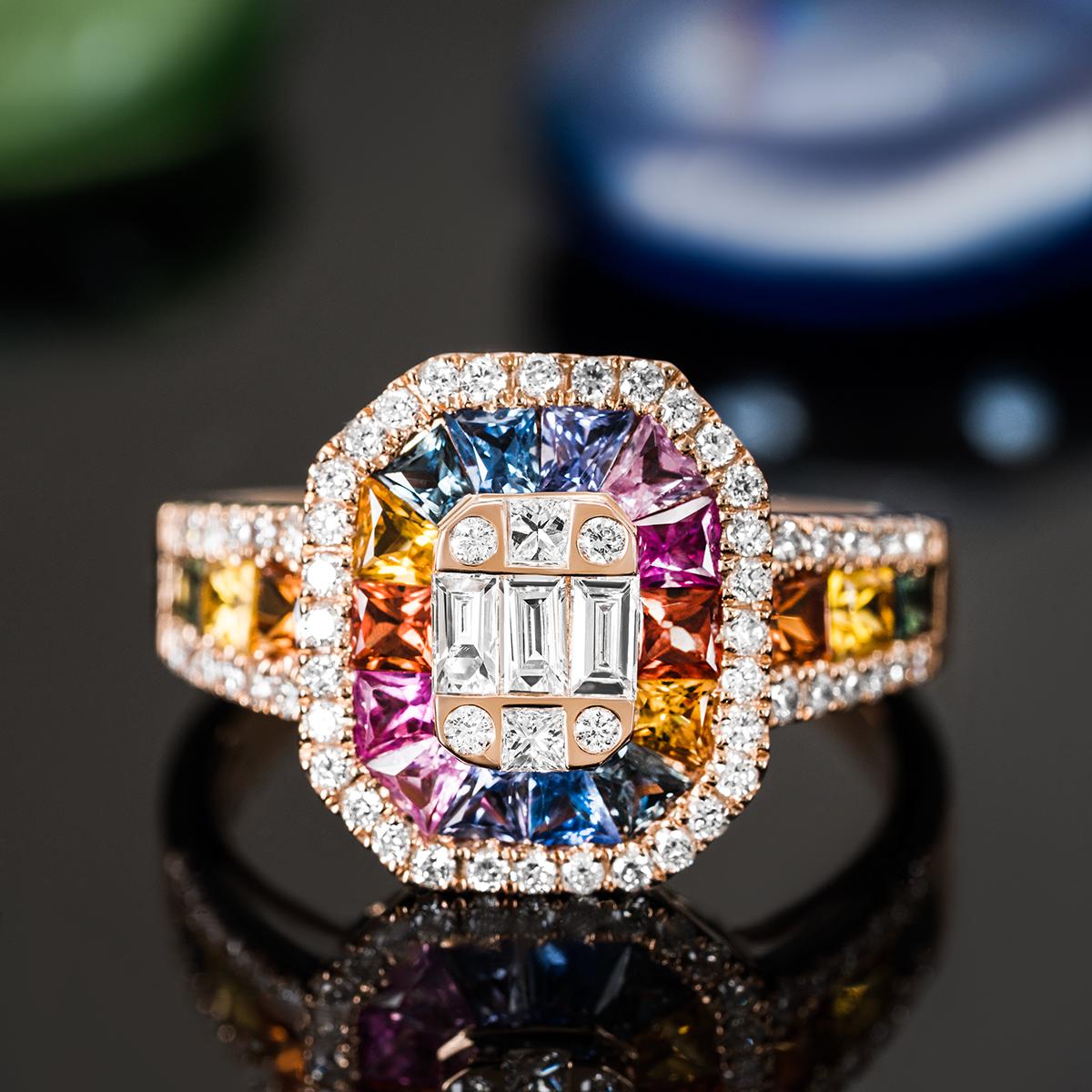 Rose Gold Multi-Coloured Sapphire & Diamond Ring 1