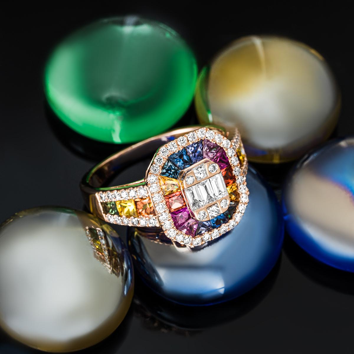 Rose Gold Multi-Coloured Sapphire & Diamond Ring 2