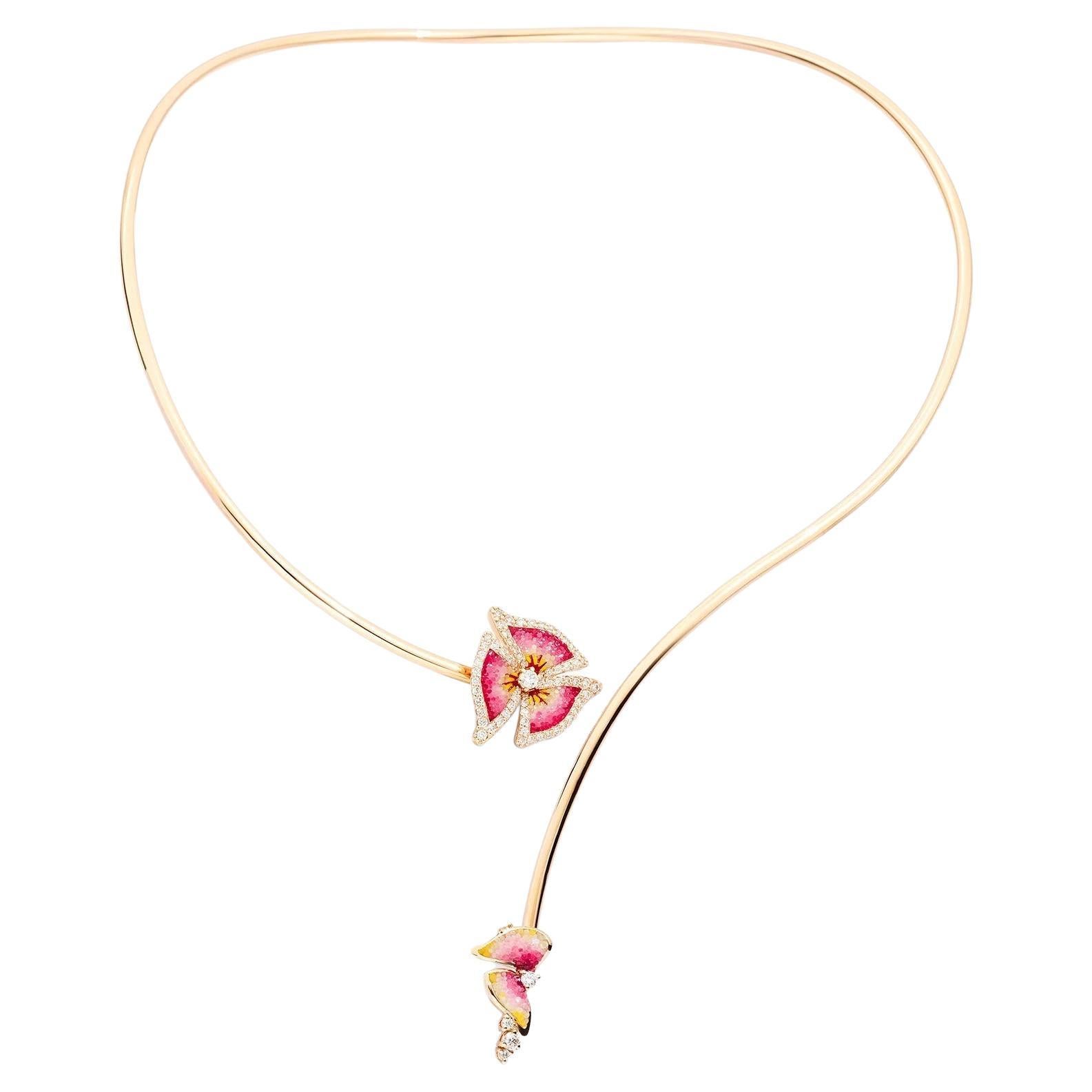 Rose Gold Necklace Hand Decorated with Micromosaic and White Diamonds