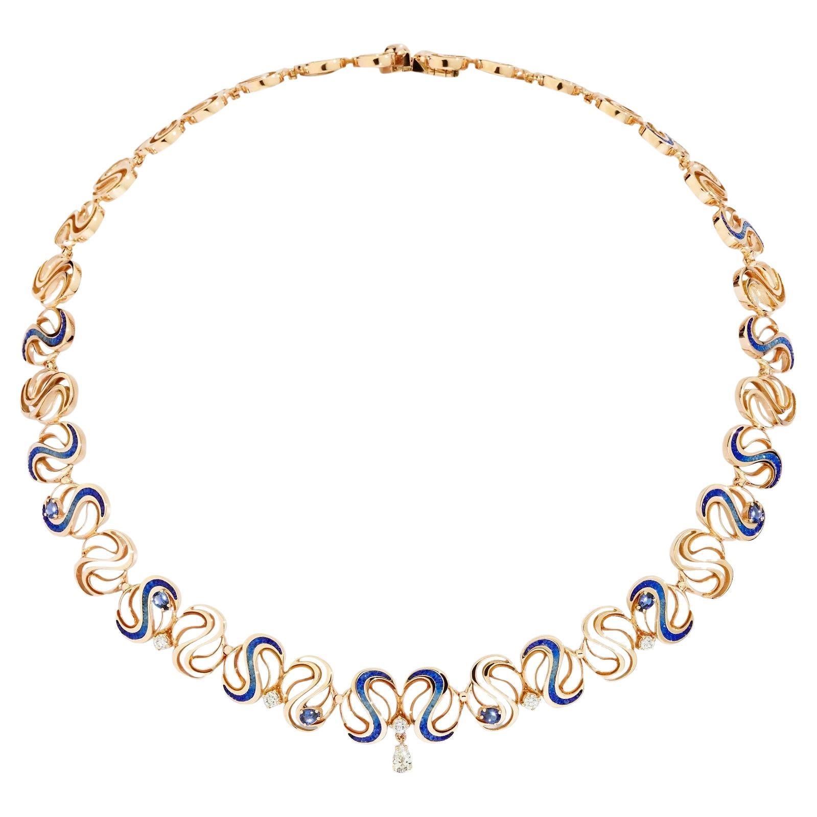 Rose Gold Necklace with Diamonds, Blue Sapphires and Micromosaic