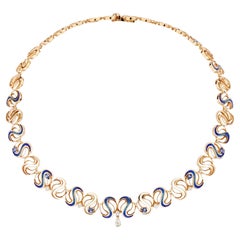 Rose Gold Necklace with Diamonds, Blue Sapphires and Micromosaic