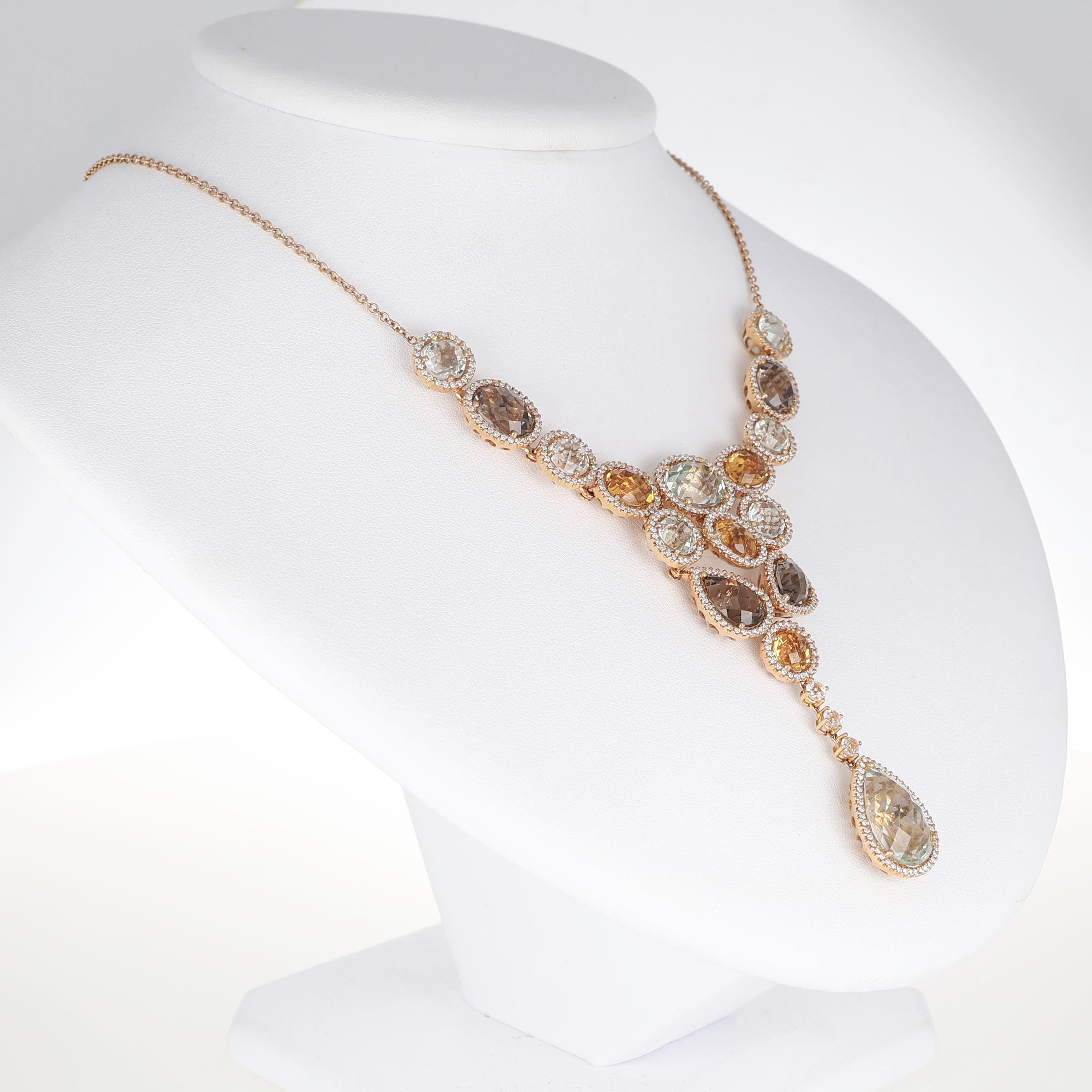 Halskette aus Roségold mit facettierten farbigen Edelsteinen und Diamant-Anhänger (Brillantschliff) im Angebot