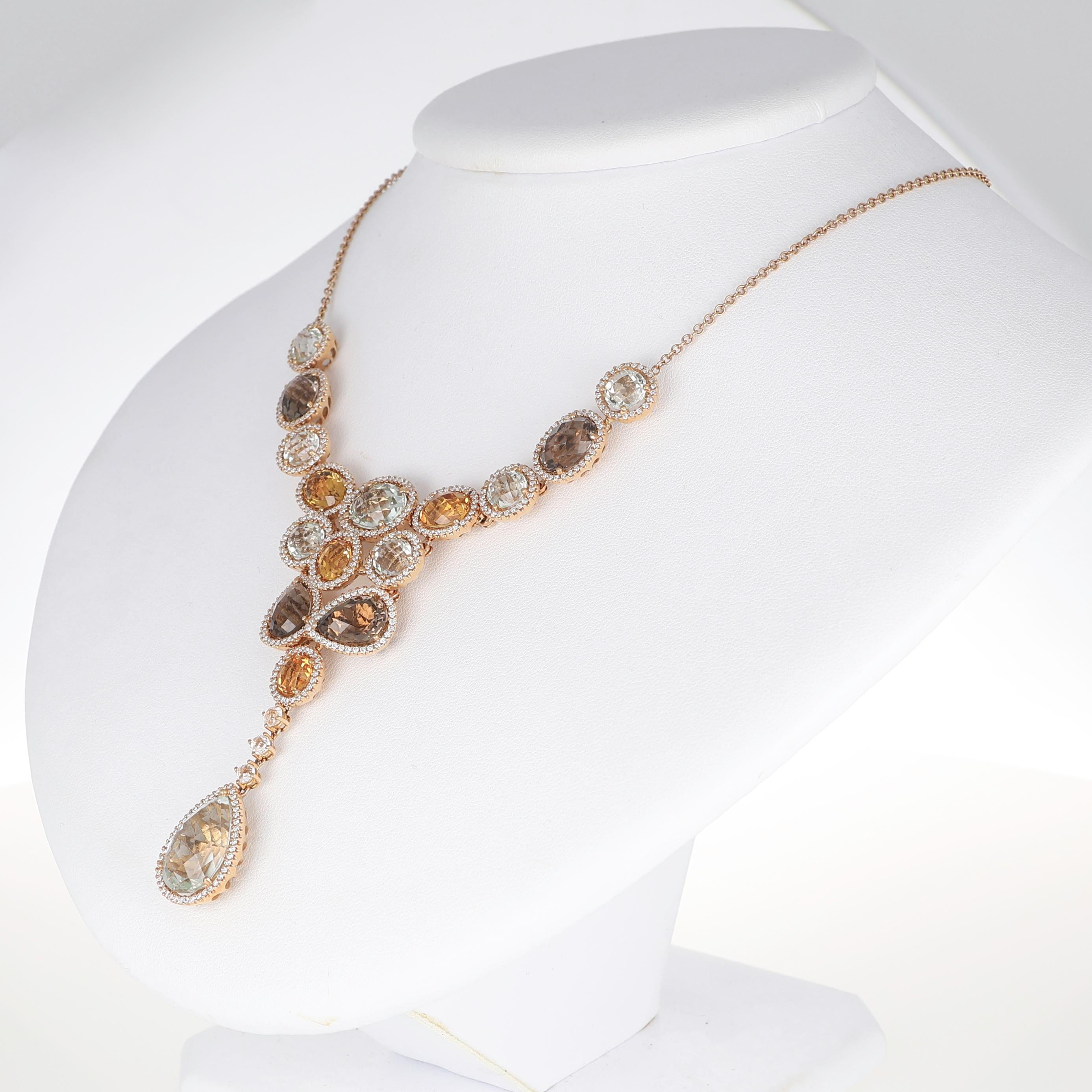 Halskette aus Roségold mit facettierten farbigen Edelsteinen und Diamant-Anhänger im Zustand „Neu“ im Angebot in Bergamo, BG