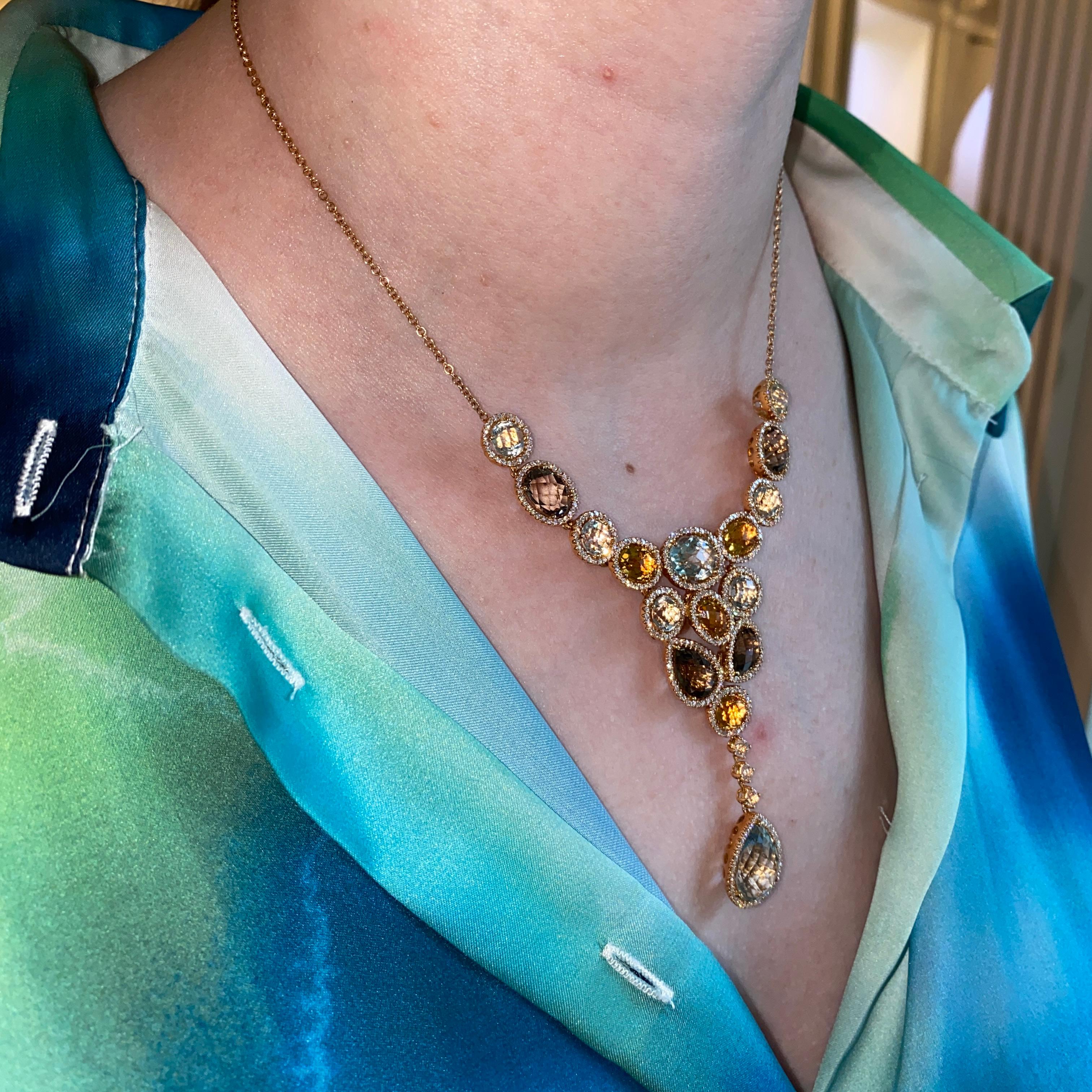 Halskette aus Roségold mit facettierten farbigen Edelsteinen und Diamant-Anhänger im Angebot 2