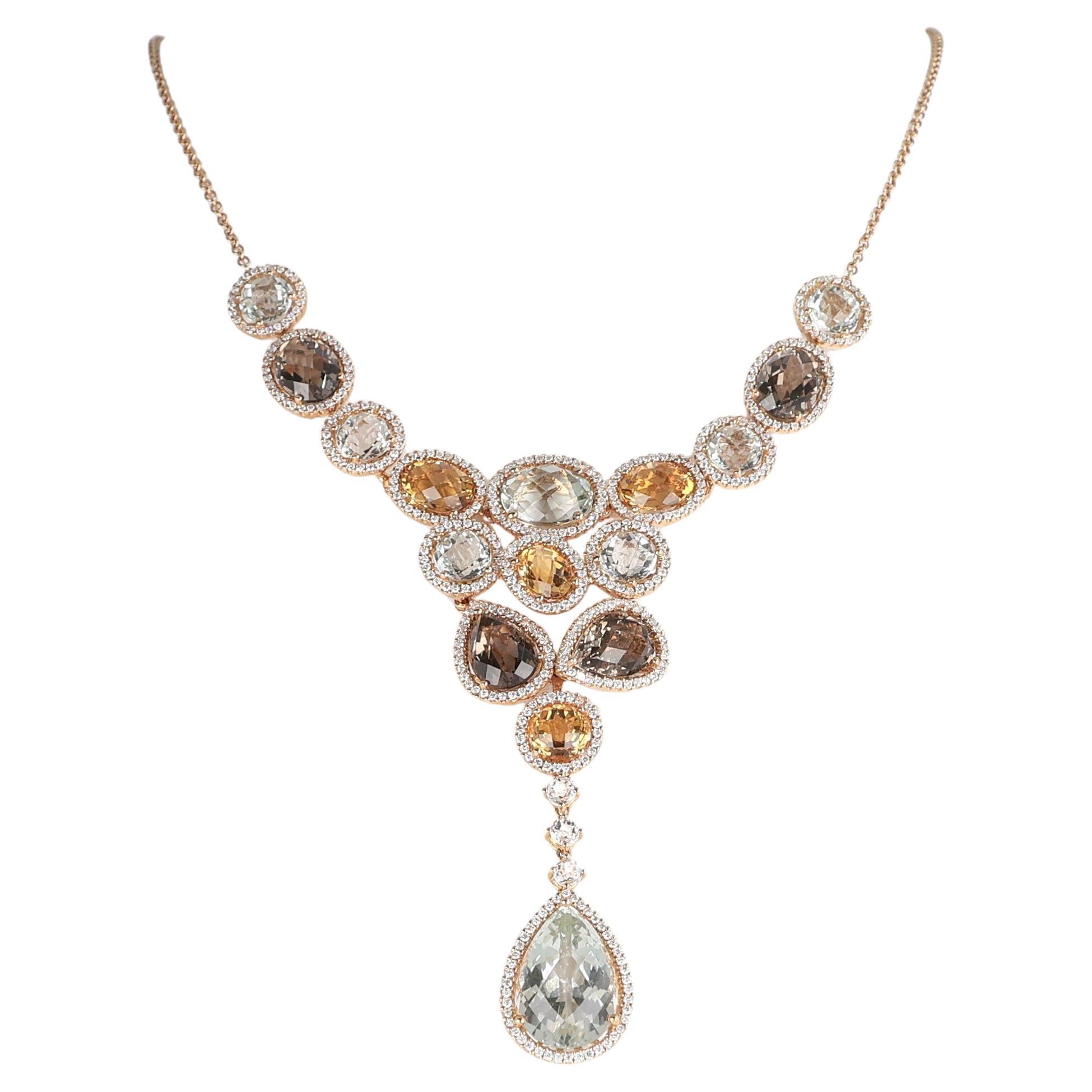 Rose Gold Necklace with Faceted Colored Gemstones and Diamond Pendant