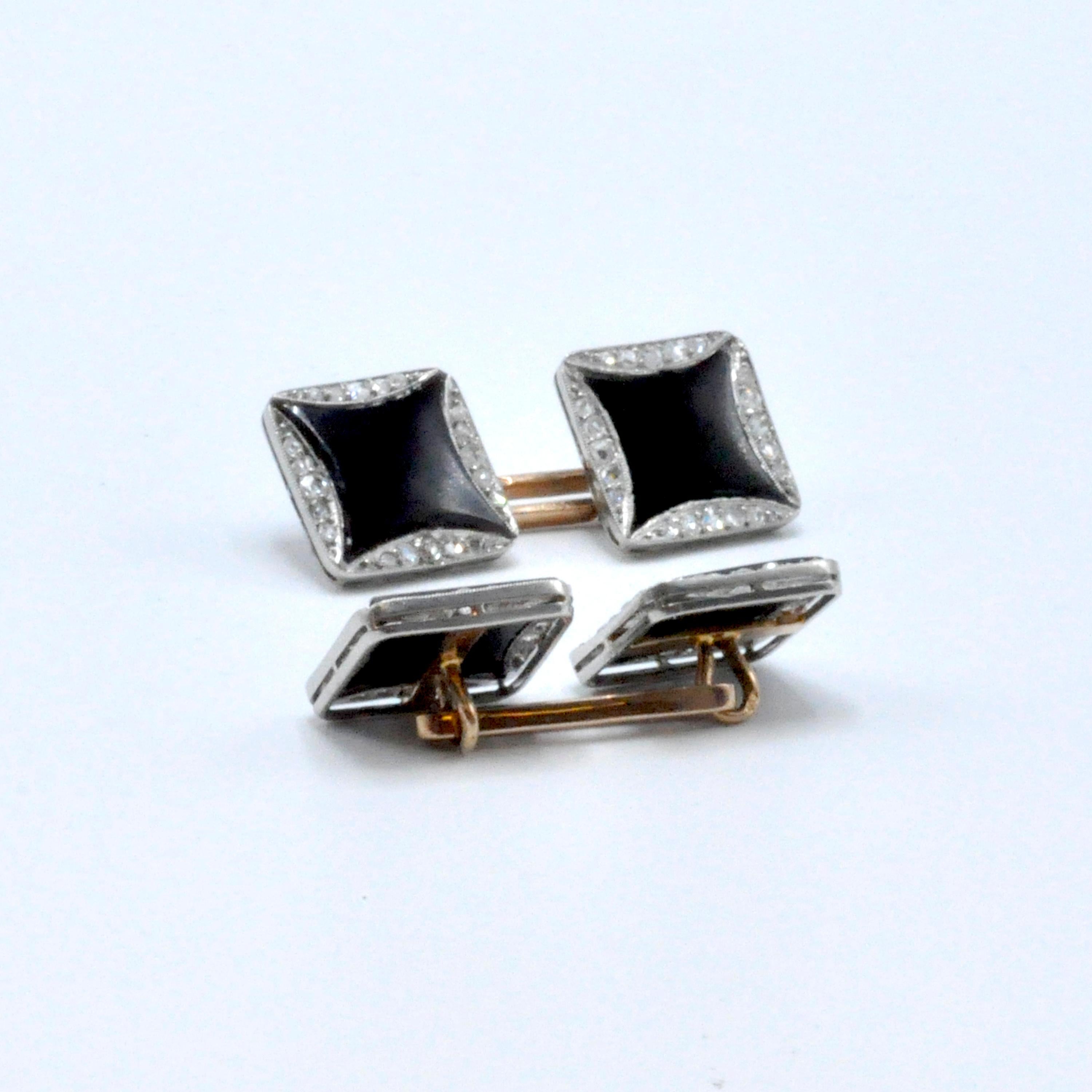 These square rose gold with star shaped black onyx, and .68 CT diamond cufflinks are a chic accent from business casual to formal attire. 
