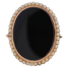 Broche/colgante de luto victoriano con perla de ónix de oro rosa - Alfiler antiguo de 14k