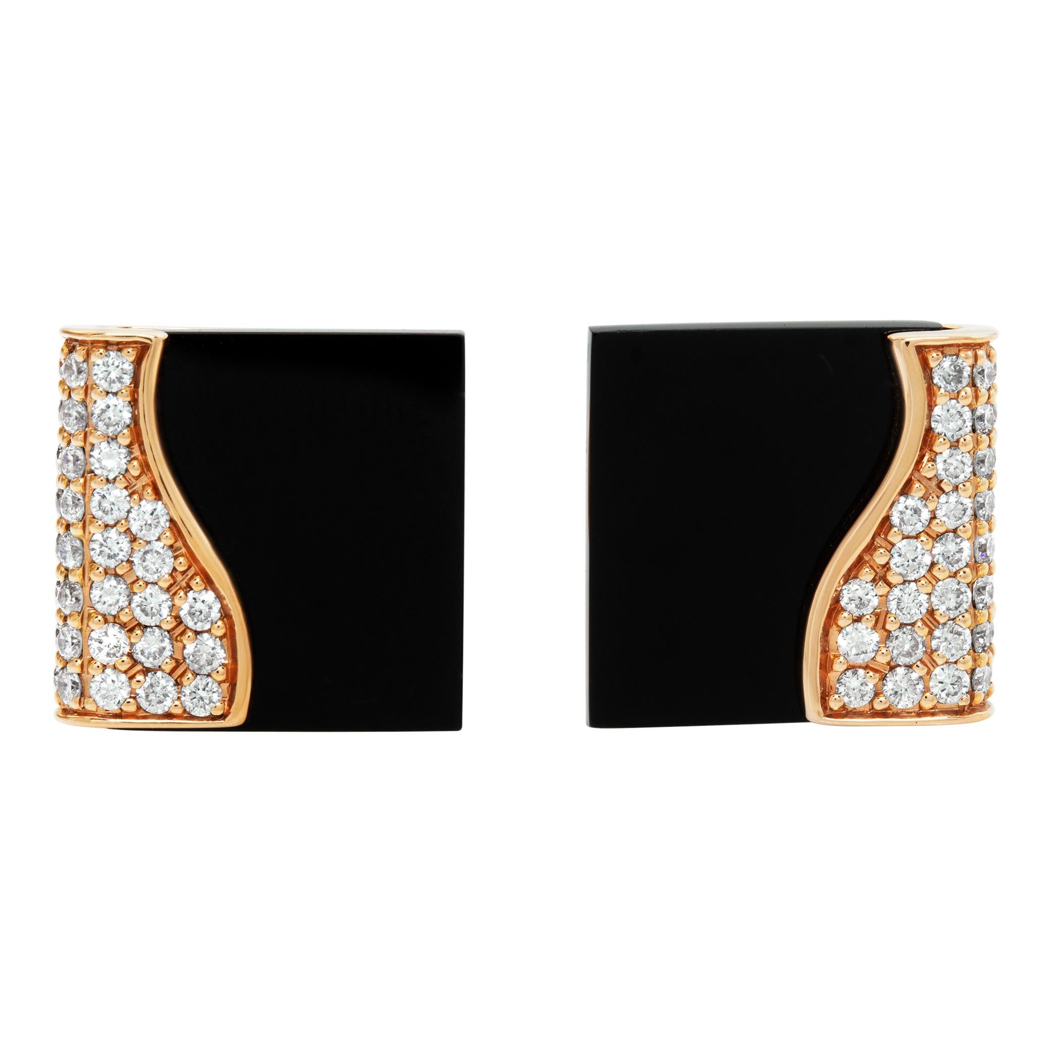 Rose gold onyx square cufflinks with pave diamonds For Sale