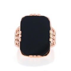 Rose Gold Onyx Victorian Cocktail Solitaire Ring - 10k Scrollwork Antique