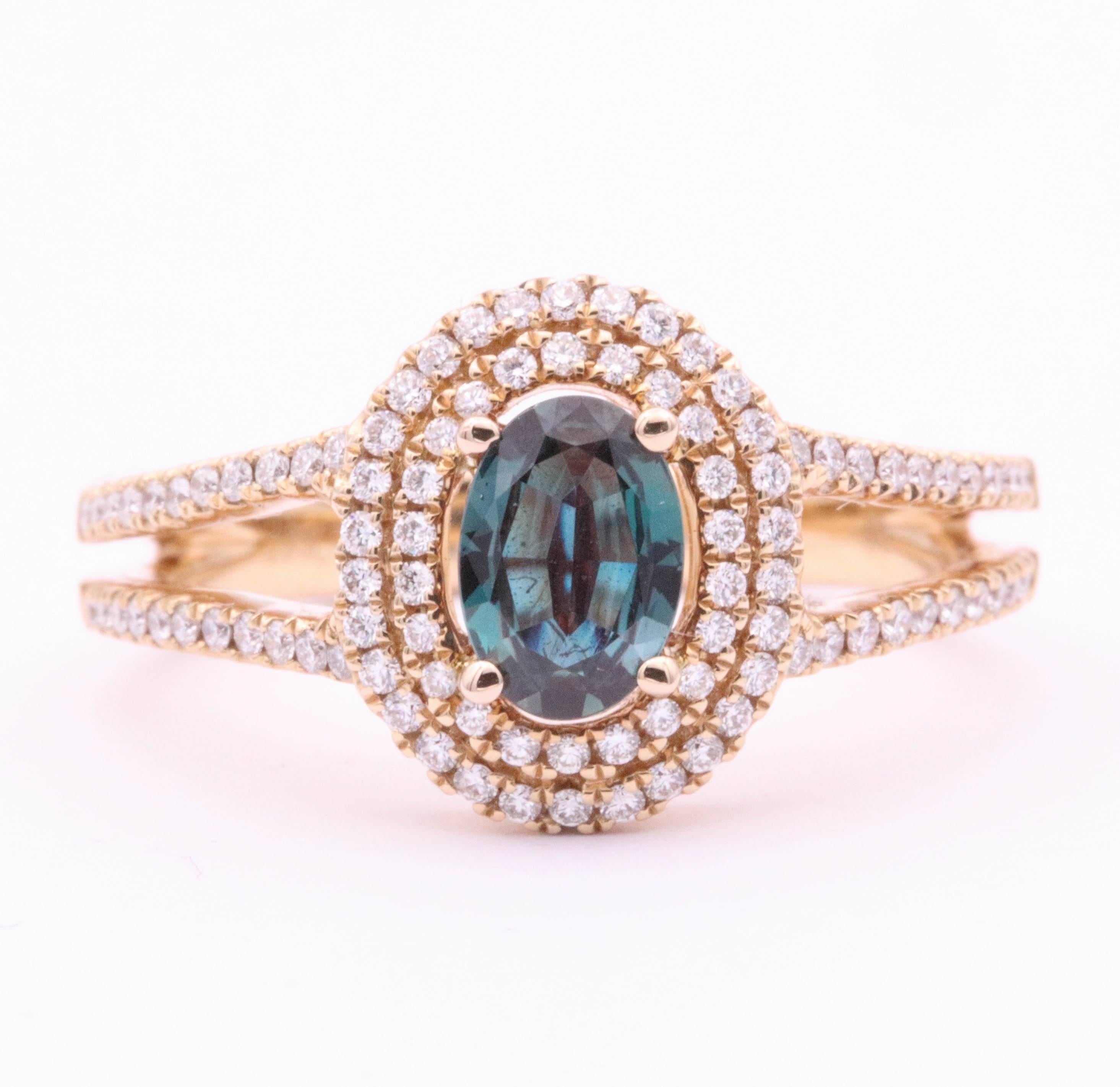 18K Rose Gold
Alexandrite 0.58 cts  measurments: 6.84 x 4.75 x 2.36 mm
Diamonds: 96 round brilliants weighing 0.35 cts.
