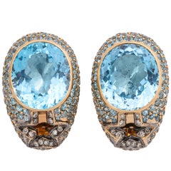 Rose Gold, Oval Blue Topaz and Diamond Earrings