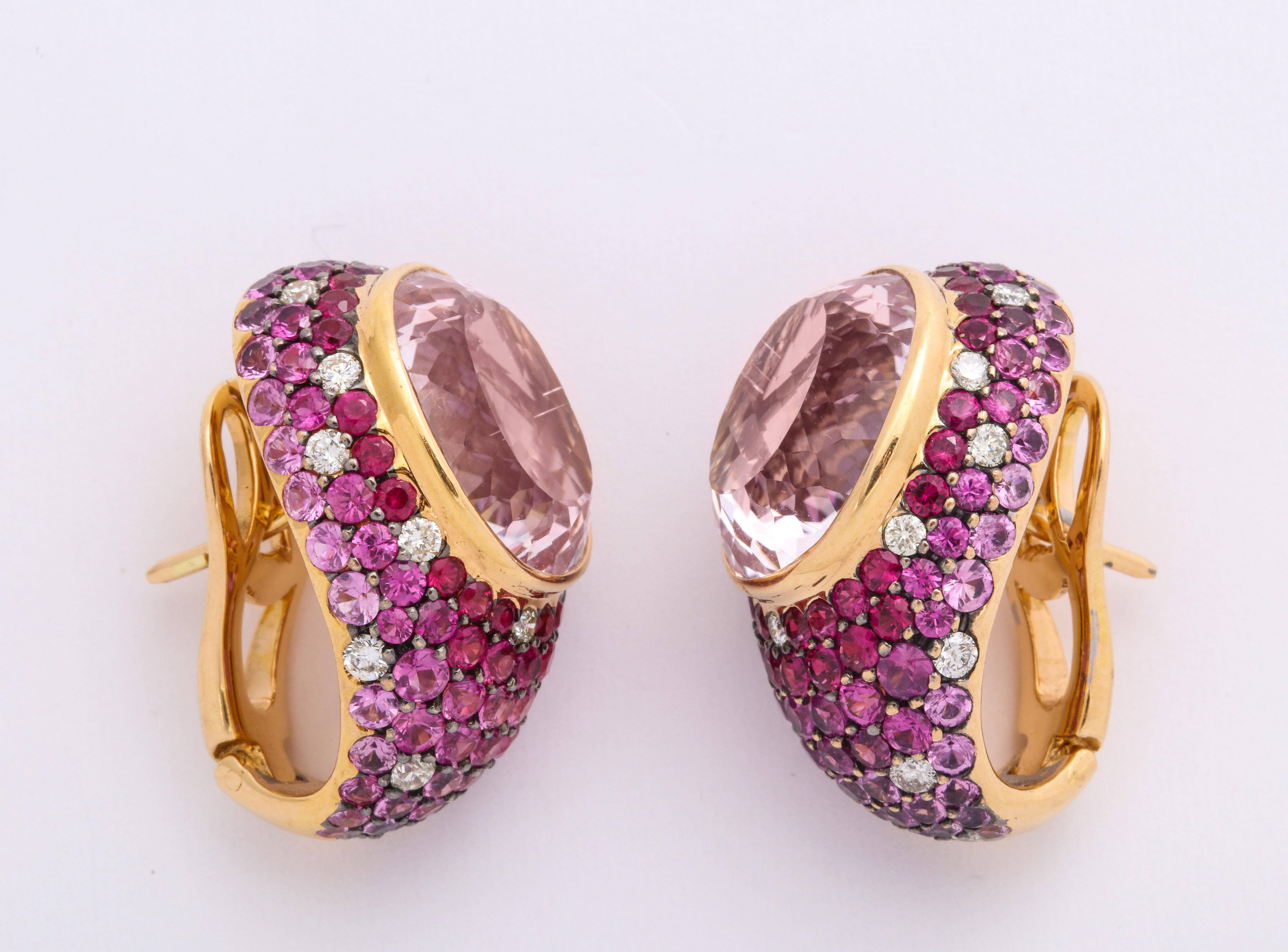 Contemporary Rose Gold, Oval Kuznite, Multi-Color Pink Sapphire and Diamond Earrings For Sale