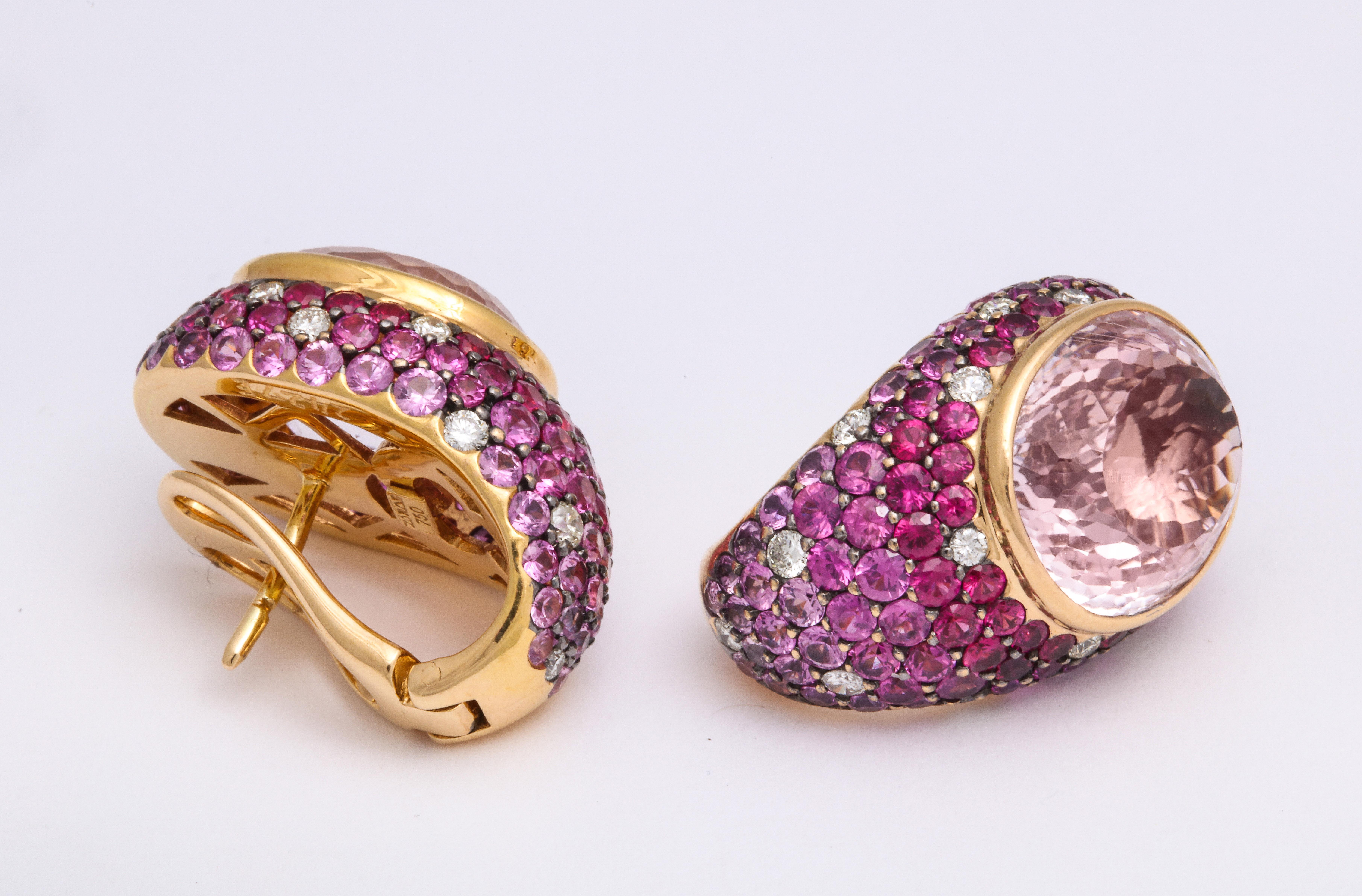 Round Cut Rose Gold, Oval Kuznite, Multi-Color Pink Sapphire and Diamond Earrings For Sale